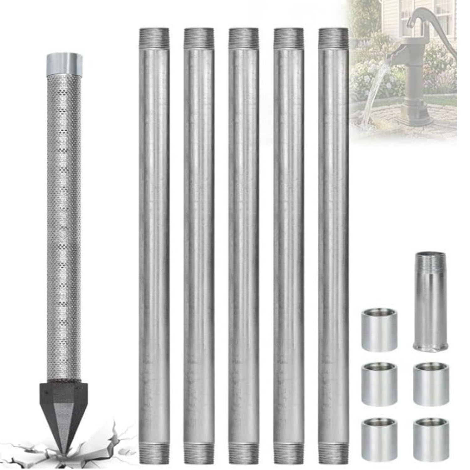 Well Drive Point,1-1/4 Inch Stainless Steel Sand Point Well Kit,Heavy Duty Shallow Well Drilling Kit with 36" Pipe 60 Gauze Mesh,Galvanized Pipes and Couplings(5+1kit)