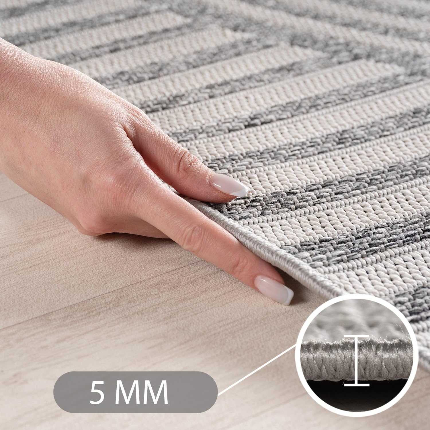 Teppium Outdoor Teppich Grau 160x230 cm, Wetterfest & UV-beständig, ideal für Küche, Balkon, Terrasse, Garten auch Wohnzimmer und Esszimmer, Skandinavisches Boho-Design