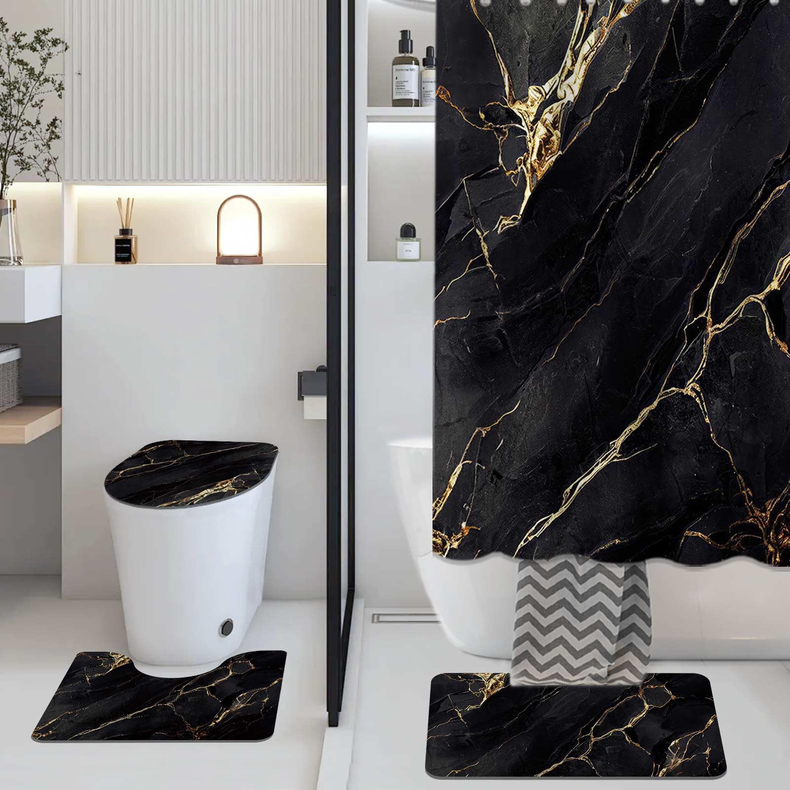 AIBIIN Lot de 4 rideaux de douche en marbre noir abstrait avec tapis antidérapants, housse moderne pour abattant de toilette et tapis de bain, rideau de bain pour décoration de salle de bain (crochets