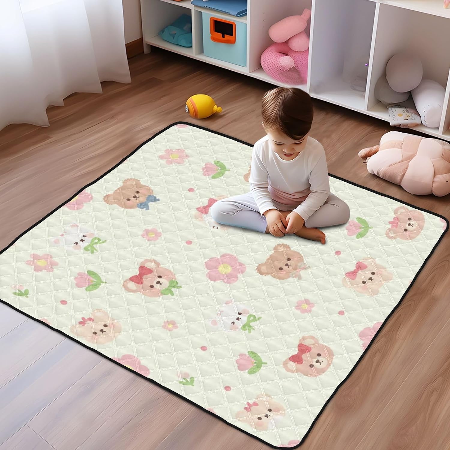 Cute Bear Faces Baby Play Mat 50x50 Inch One-Piece Soft Crawling Mat Waterproof Playmat with Non-Slip Bottom for Babies, Toddlers, and Infants