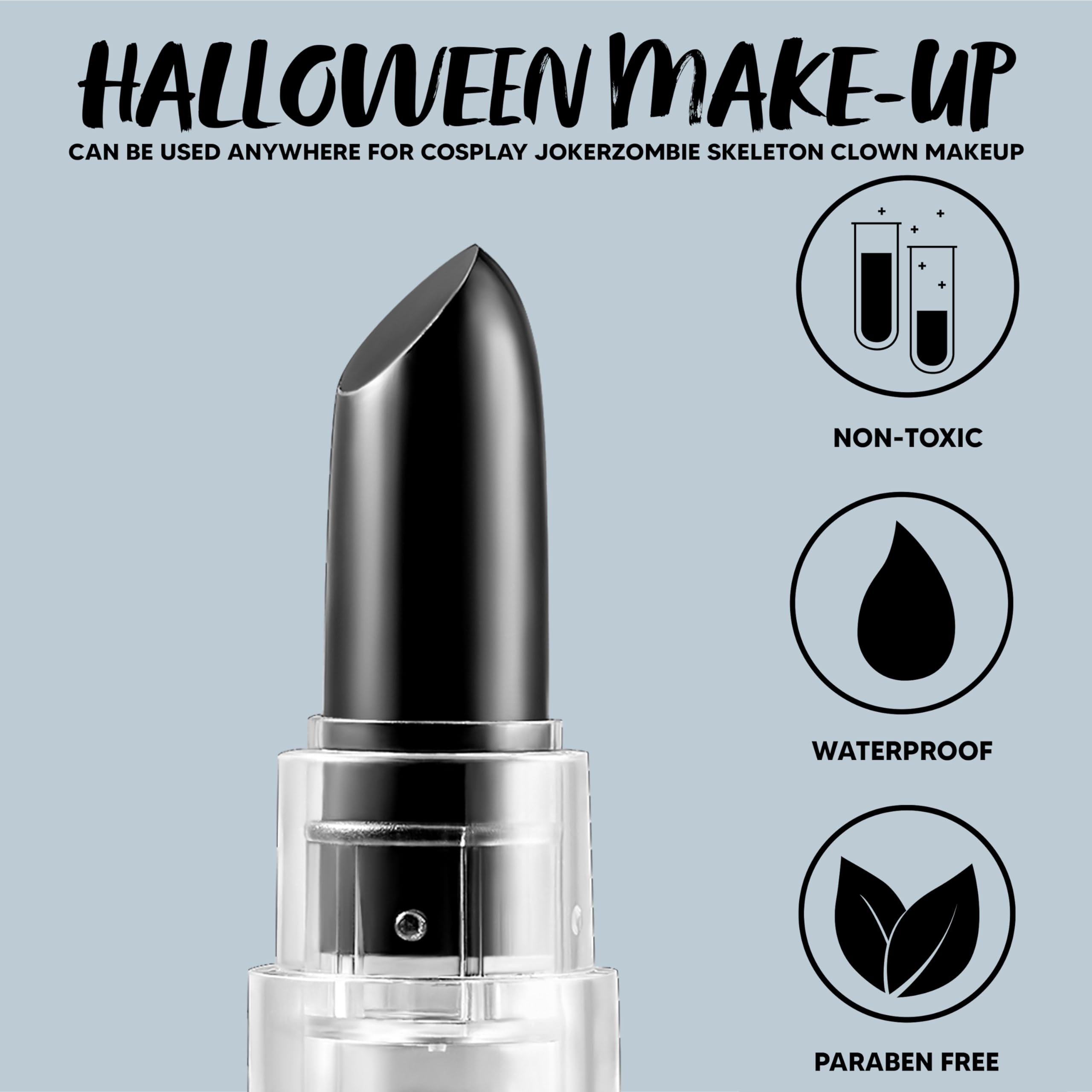 Pintura facial y corporal de Halloween, lápiz labial negro para adultos y niños, base de payaso SFX, maquillaje en crema para festivales deportivos o escenarios, maquillaje, 8