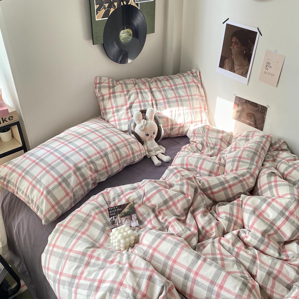 Image of EAVD Vintage Style Plaid Duvet Cover Queen Grey Pink Grid Soft 100% Washed Cotton Reversible Bedding Set Farmhouse Grid Checkered Bedding Set with 2 Pillowcases Modern Gingham Duvet Cover with Zipper