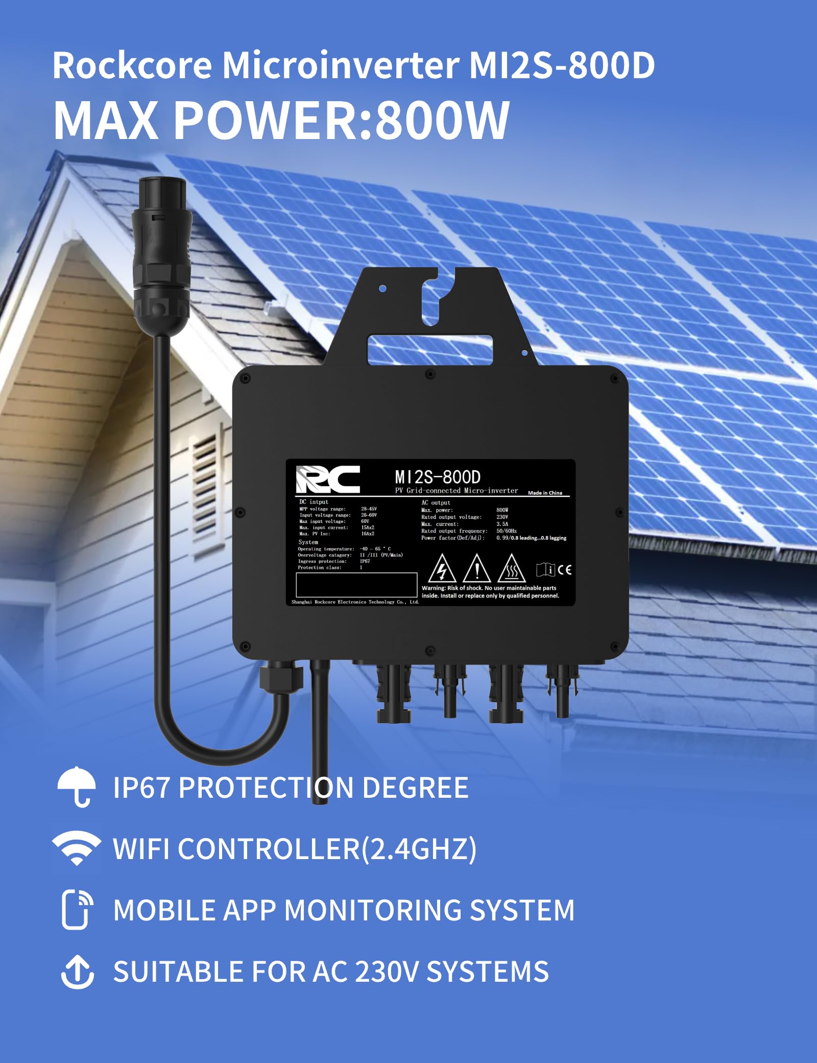 RC Mikro-Wechselrichter 800 W, 26-60V DC Eingang, Solar-Wechselrichter MPPT Mikro-Netzeinspeise-Konverter mit WiFi-Überwachung für Mobiltelefone, Schwarz,0% VAT