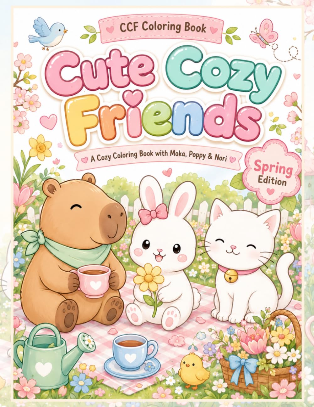 Cute Cozy Friends: Spring Edition Coloring Book: Bold and Easy Spring Coloring Pages with Moka the Capybara, Poppy the Bunny and Nori the Cat (Cute ... Capybara, Poppy the Bunny and Nori the Cat)