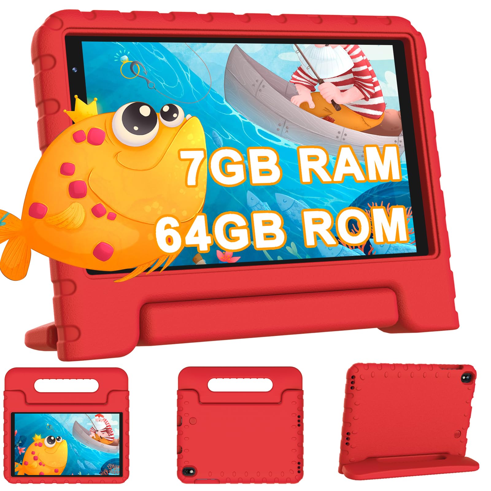 Tablet Bambini 8 Pollici Android, 7GB RAM 64GB ROM 1TB Espandibile, WiFi 6 BT 5.0, 1280*800, GPS, Controllo Parentale, Apprendimento Educazione,5MP+2MP, 3600mAh, Tablet PC con Custodia, Rosso