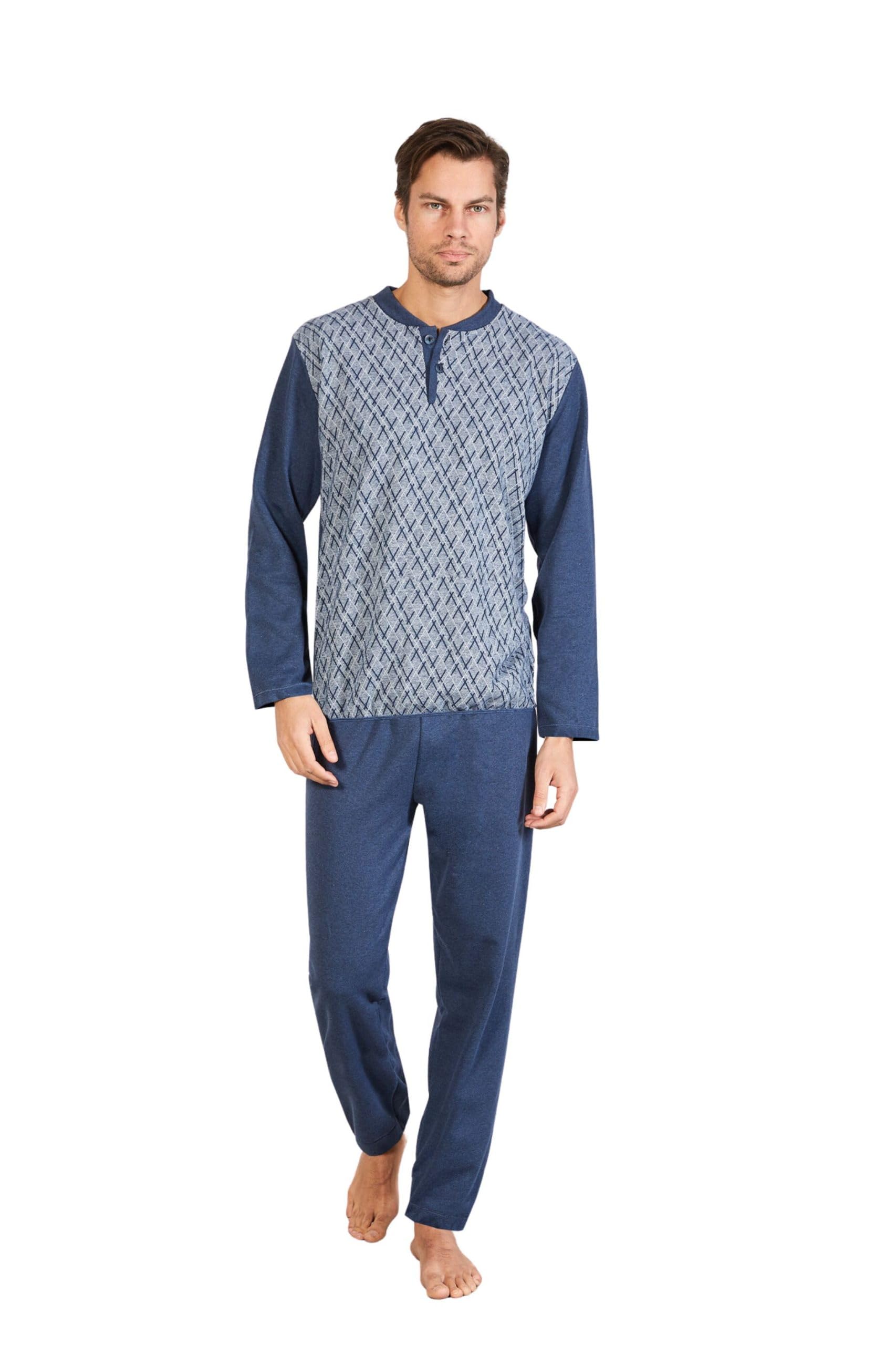 Leo Corsetteria Pigiama Uomo Invernale Serafino Jacquard Felpato Molto Caldo No Polsini Maglia 6100-59MP