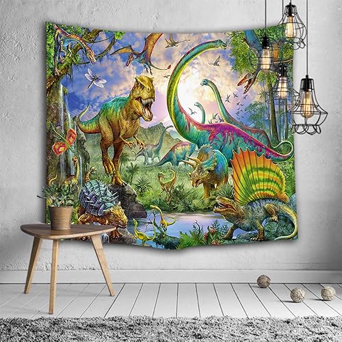 Miniatura 4 de Sevendec Tapiz de dinosaurio para colgar en la pared, diseño de animales salvajes, pintado a mano, decoración de pared para niños, dormitorio, sala