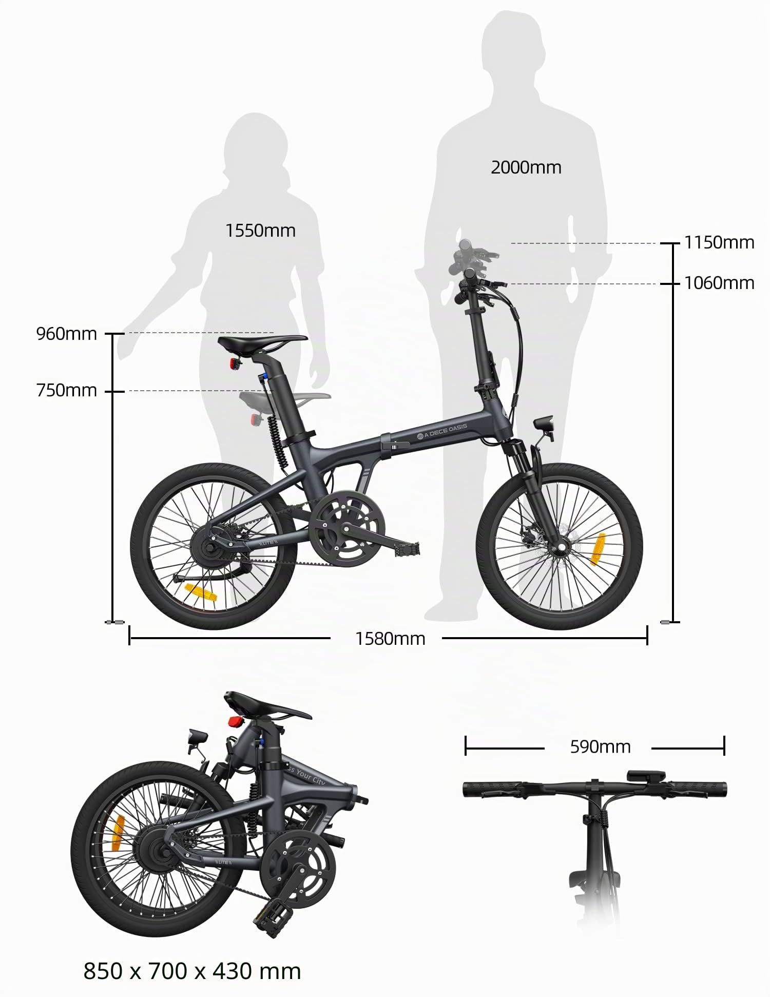 A Dece Oasis Ado Air20S*2 V2026 Bicicleta Eléctrica Plegable, E-Bike Ultraligera 20'' con Suspensión, Motor 250W/50Nm, Autonomía 100km, App Ado, Pantalla IPS de 2,4'',Incluye Cesta Delantera*2