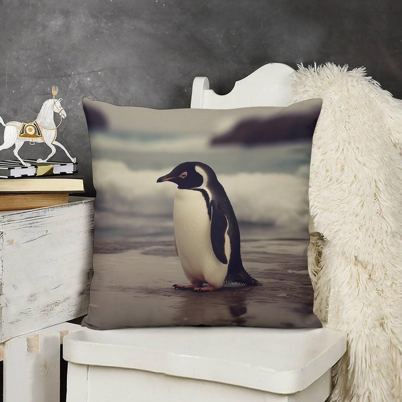 FodPand Decorative Penguin On The Beach Throw Pillow Covers 20x20 Soft Plush Cozy Cushion Cases with Invisible Zipper Body Pillowcase Square Accent Pillow Shams for Couch Sofa Bedroom Living Room