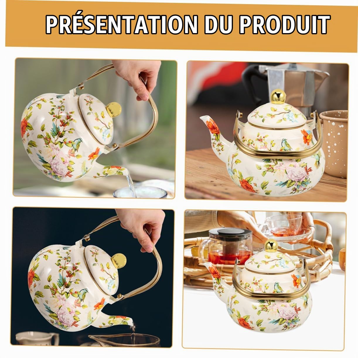 Ciieeo Théière Émaillée 1,5 l Vintage à Motif Floral, Bouilloire En Émail Robuste, Chauffage Rapide, Pour Cuisinière, Usage Domestique Et Voyage