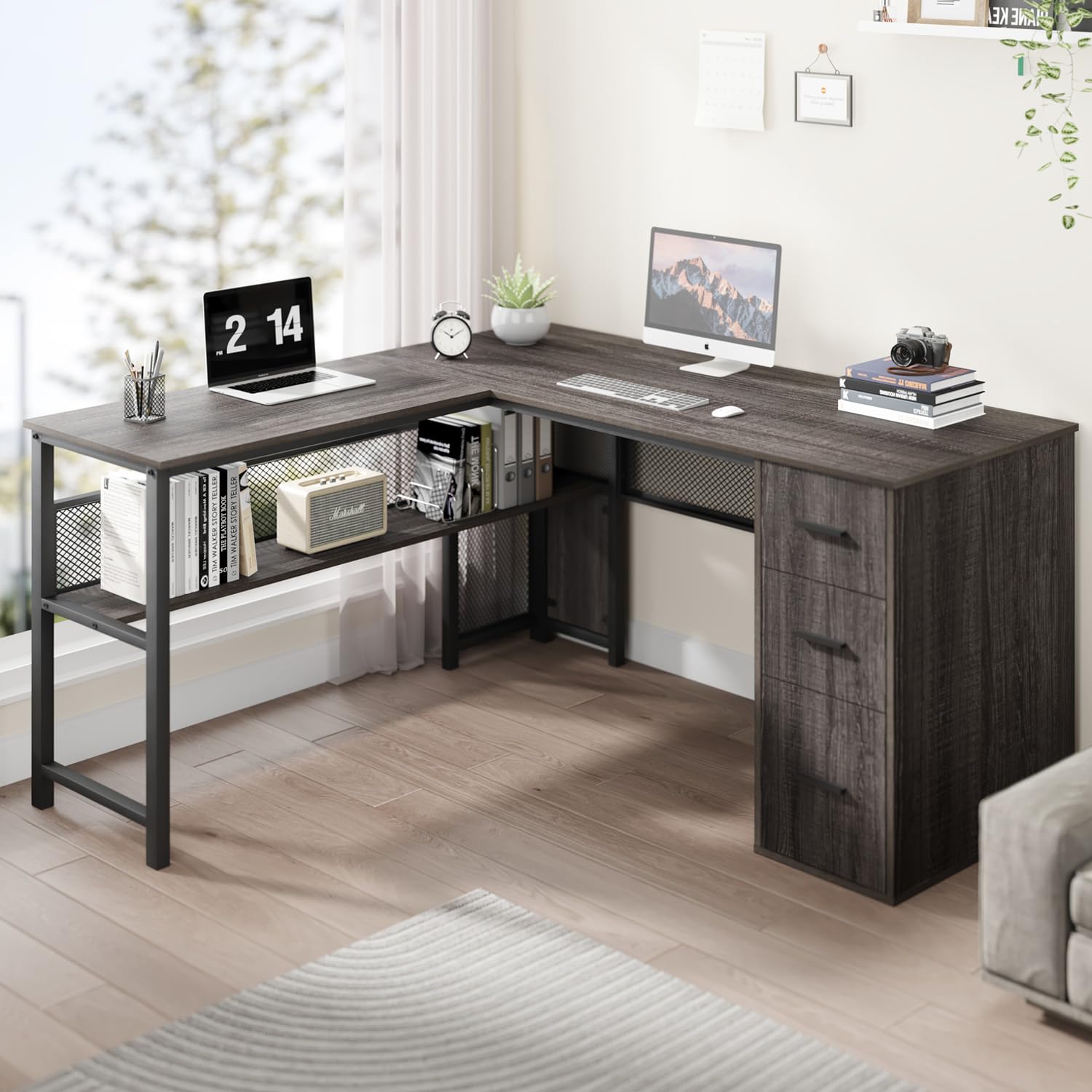 LVB L Shaped Desk with Storage Cabinets, Reversible Home Office Corner Desk with File Drawers, Modern Large Wood Metal Executive Computer Desk Table for Work Study Writing Gaming, Dark Gray Oak, 59 In