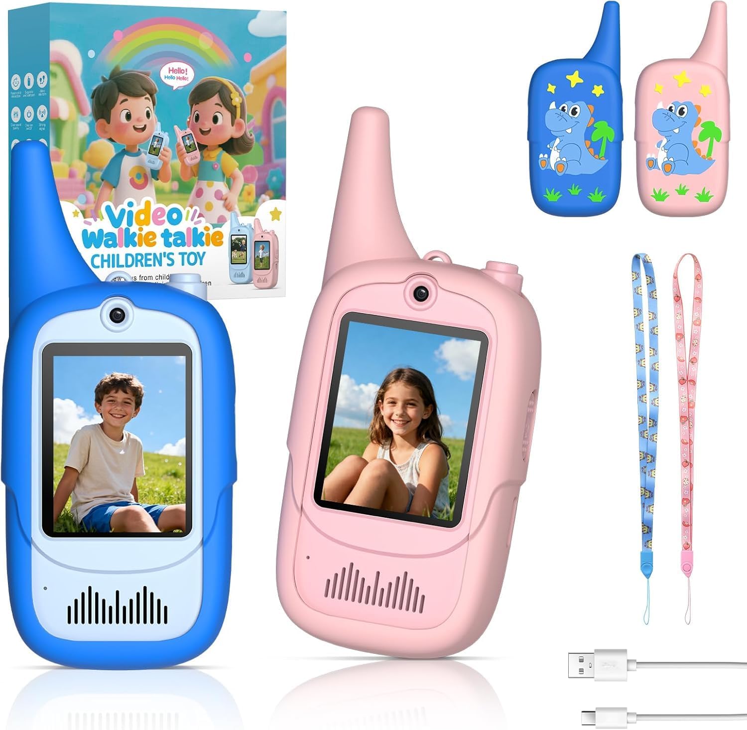 FUNYKICH 2PCS Video Walkie Talkies for Kids with Dinosaur-Themed Protective Case, Rechargeable Long Range Handheld Kids Camera Walkie Talkies for Games, Camping, Hiking for Boys Girls Ages 3-12