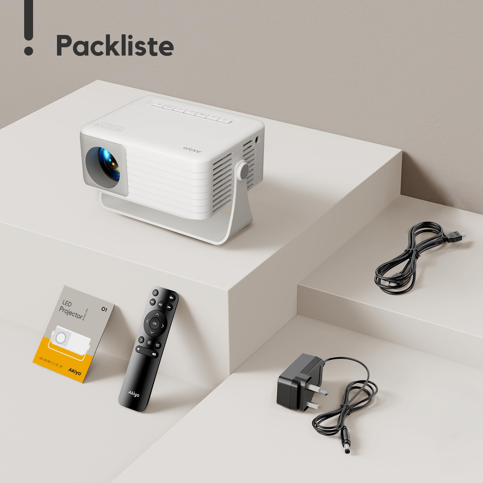 AKIYO O1 Mini Beamer Klein 1080P Unterstützt 360° Drehbarem, Auto Keystone, 15000L Projektor für Heimkino, 50% Zoom Outdoor Projector Kompatibel mit Smartphone/TV Stick/HDMI/USB