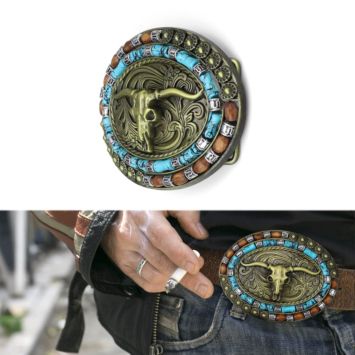 HASLED Boucle Ceinture Tête de Vache, Boucles de Ceinture Cowboy 99 x 75mm, Matériau en Alliage de Zinc, Tribu Unique - Boucles à Rouleaux pour Remplacer et Décorer Courroies