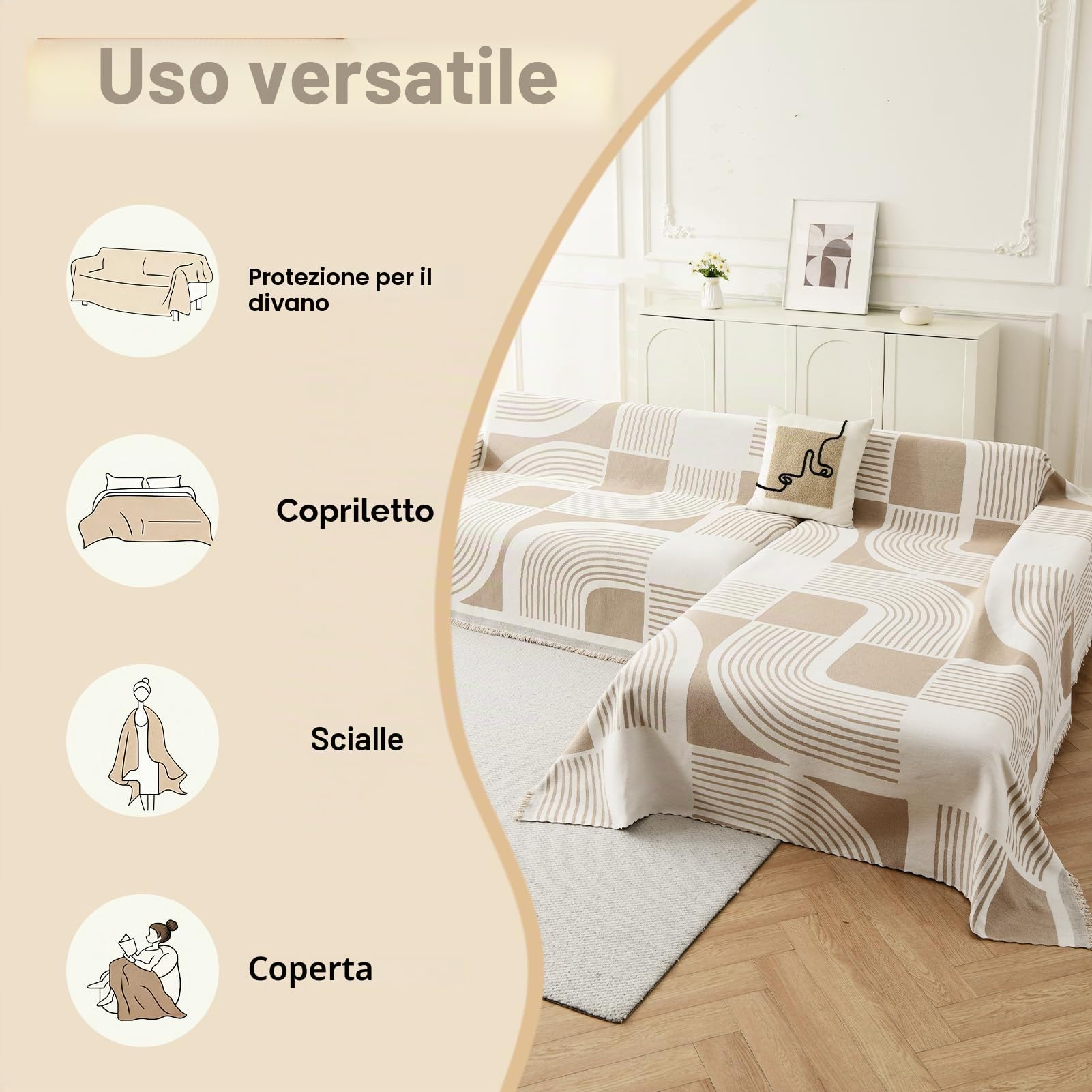 WEYOND Copridivano con Penisola, 2 Pezzi, 180 x 300cm + 180 x 260cm, Kaki | Telo Copridivano in Ciniglia, Antiscivolo e Antimacchia Copridivano Angolare, Universale per 2/3/4 Posti