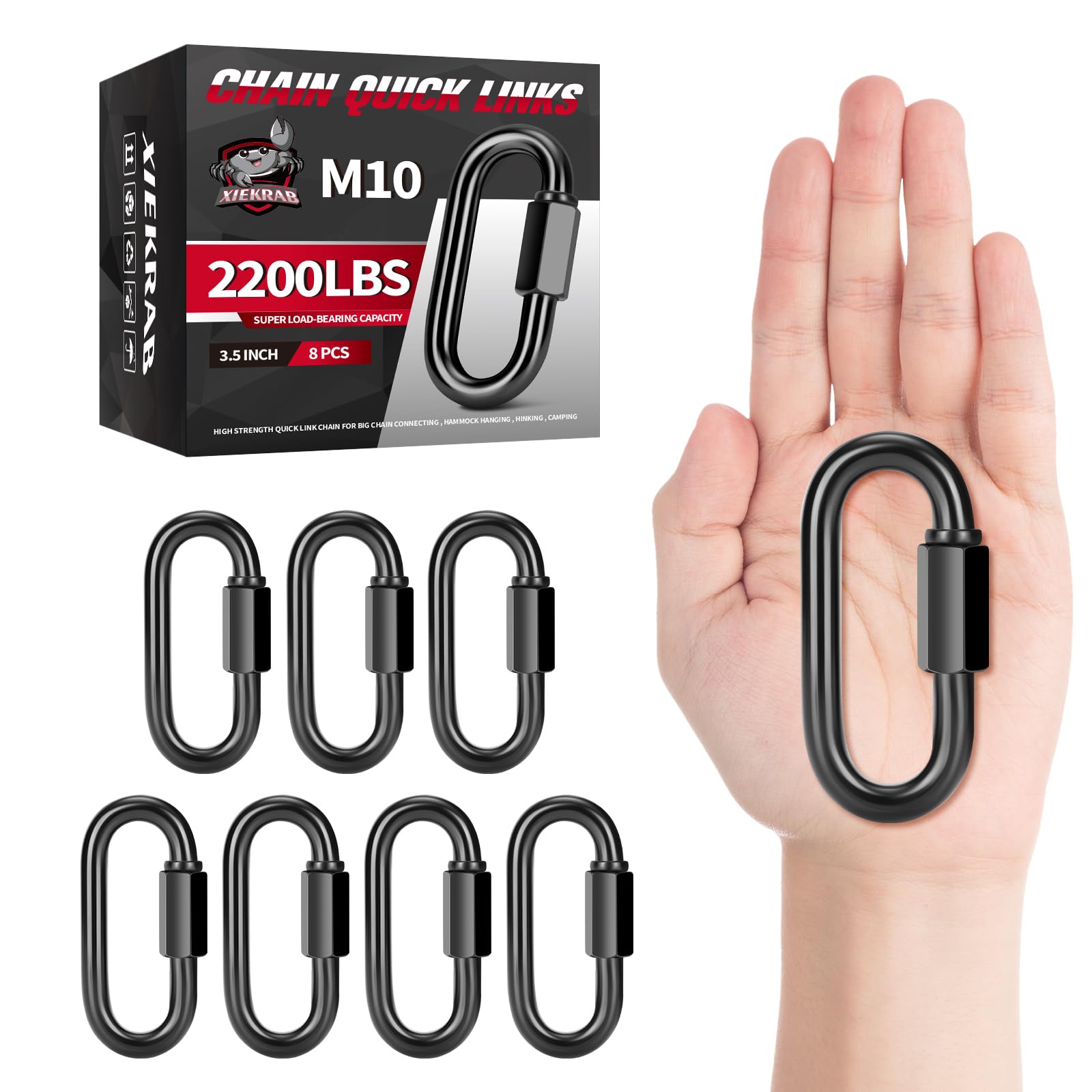8Pcs 3.5” Quick Link Chain Connector, 2200lbs Capacity M10 Heavy Duty High Strength Giant Carabiners for Hammock, Swing, Camping, Fishing, Hiking
