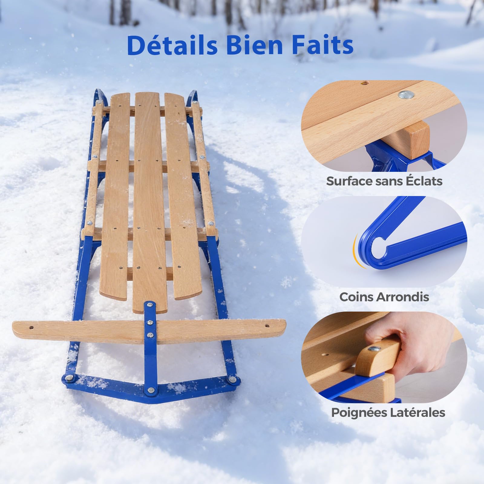 COSTWAY Luge avec Corde de Traction et Poignée, Traîneau Portable avec Direction Rail Métallique Coulissant Dossier à Double Lattes, Adaptées aux Enfants Adolescents