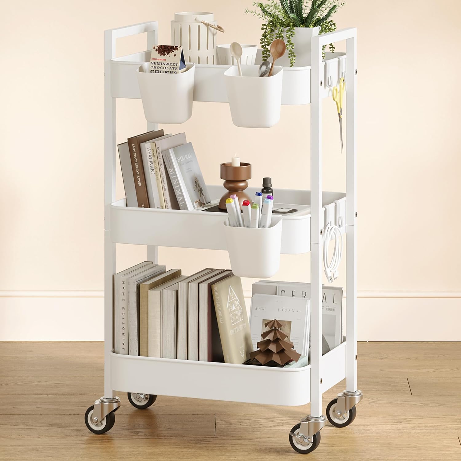 Nunsino 3 Tier Rolling Cart,Utility Cart with Locking Wheels, Hanging Cups,&Hooks, Heavy Duty Metal Storage Organizer Cart for Kitchen,Office, Bathroom,Craft Room,Green