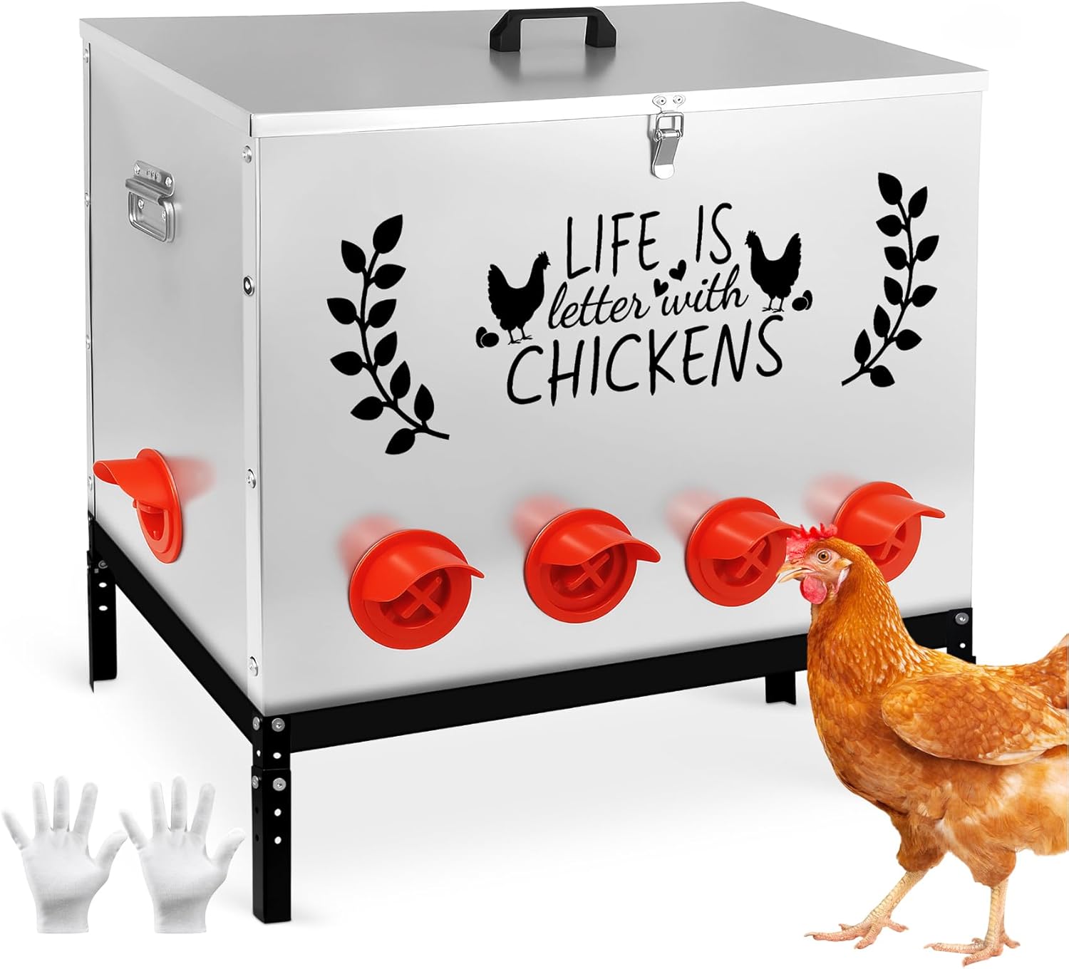 Chicken Feeder Metal, 95LB Large Chicken Feeder with 10 No Waste Feeding Ports, Galvanized Chicken Feeders with 4 Adjustable Legs & Locking Lid