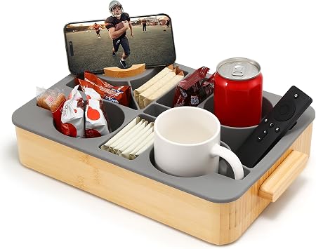 Nnewvante Couch Tray with Cup Holder & Silicone Insert,Gray 14x10in