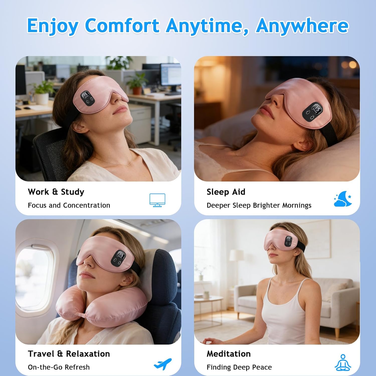 Cordless Heated Eye Mask, Rechargeable Sleep Mask with 4 Heat Levels, Timer, Light Blocking Design, Washable Cover, Soft Eye Mask for Daily Relaxation