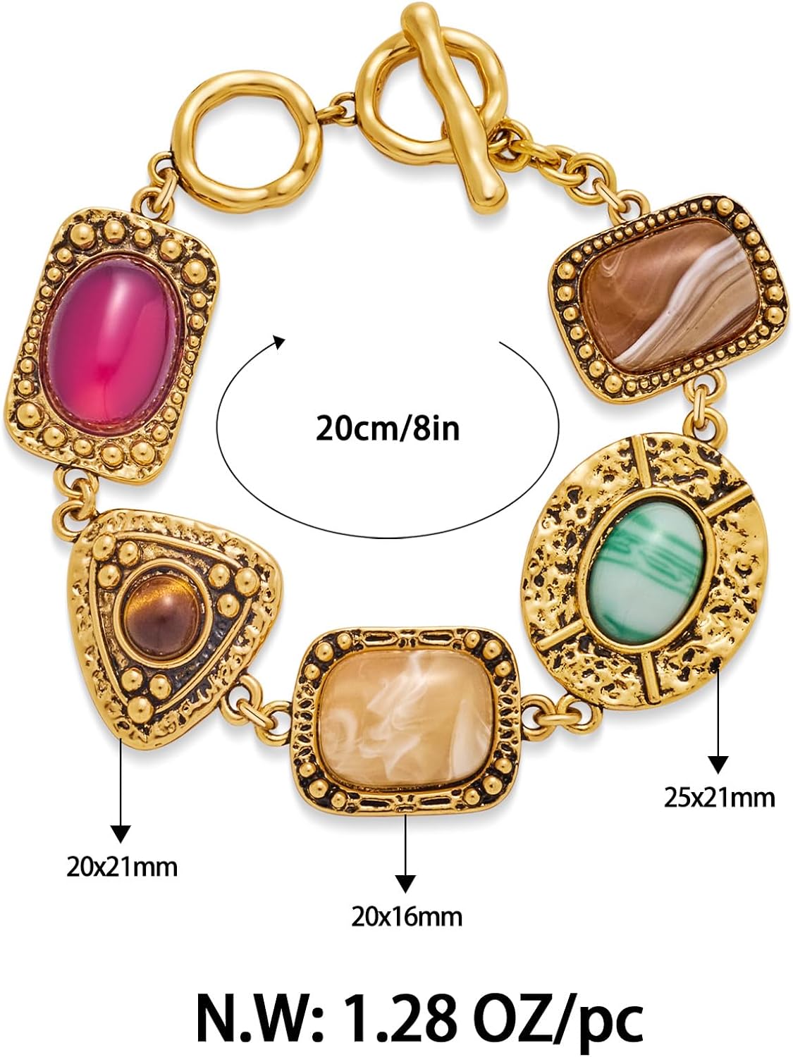 Vintage Gold Charm Bracelet For Women With Toggle And Bar Closure Imitation Tiger Eye Carnelian Cabs In Antique Gold Stone Setting Unique Chunky Copper Bracelet For Everyday Wear - Image 6