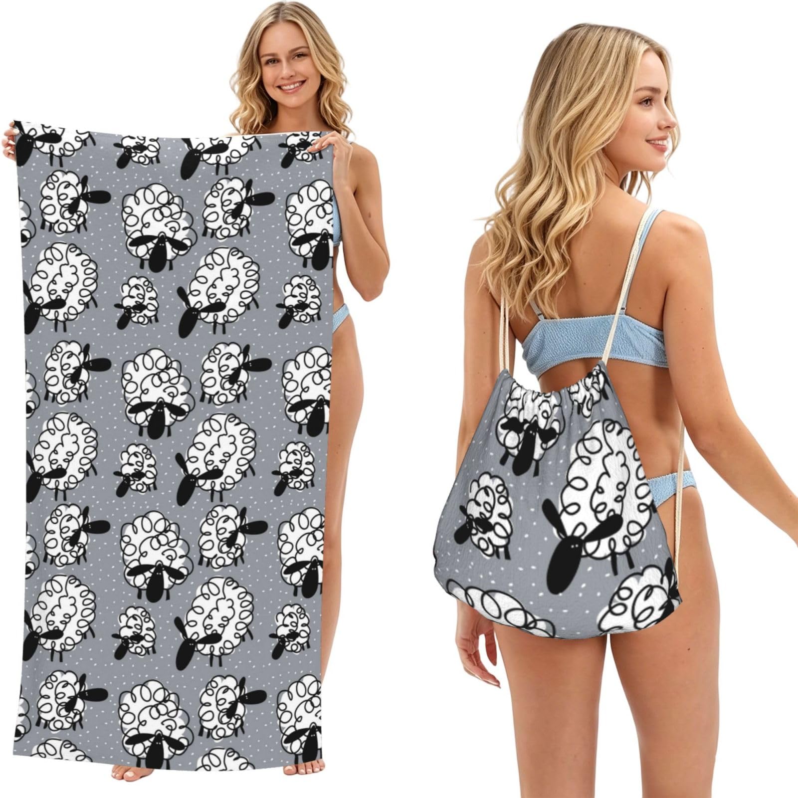 Poadnly As Picture Funny Sheep, 2 In 1 Packable Towel Bag, Beach Towels With Drawstring Backpack For Travel Holiday Camping