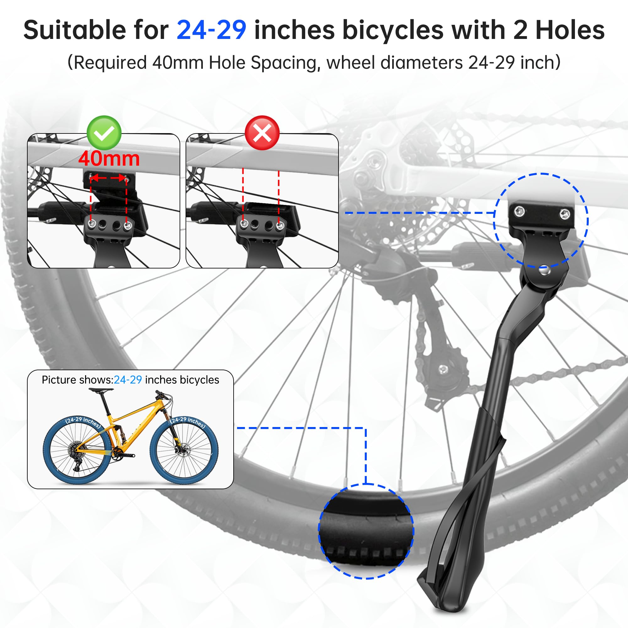 Fietsstandaard, 24-29 inch, in hoogte verstelbaar, met 2 gaten, universele aluminium stabiele zijstandaard, gatafstand van 40 mm, voor M6-schroeven, voor mountainbike, racefiets, e-bike, MTB