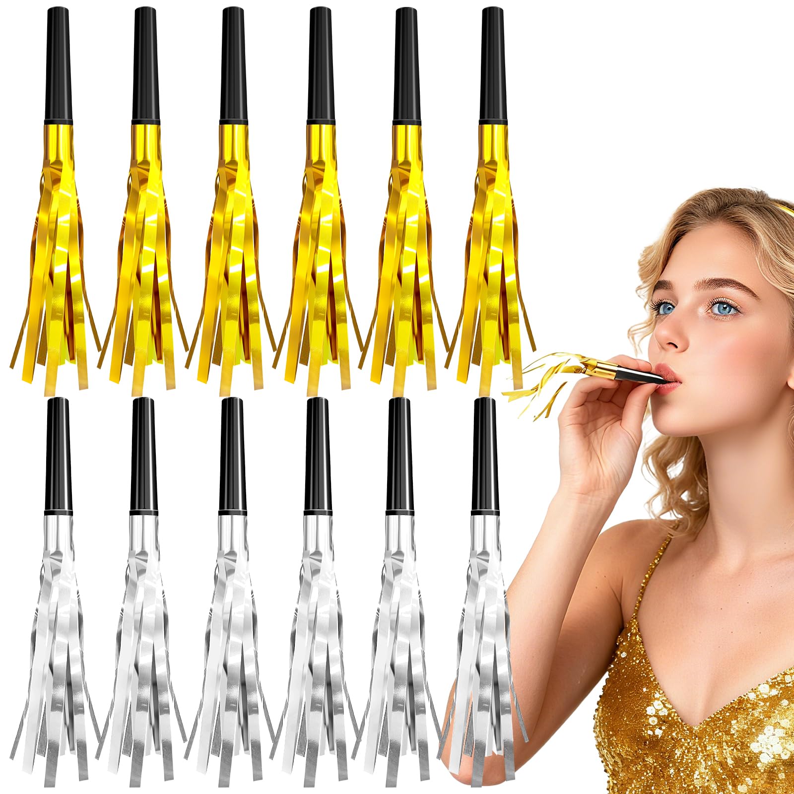Uniticber 12 Pieces Gold Silver Noise Makers Glitter Noise Makers Metallic Fringed Party Blowers for Adults Birthday Graduation Sporting Events New Years Eve Party Supplies 2026