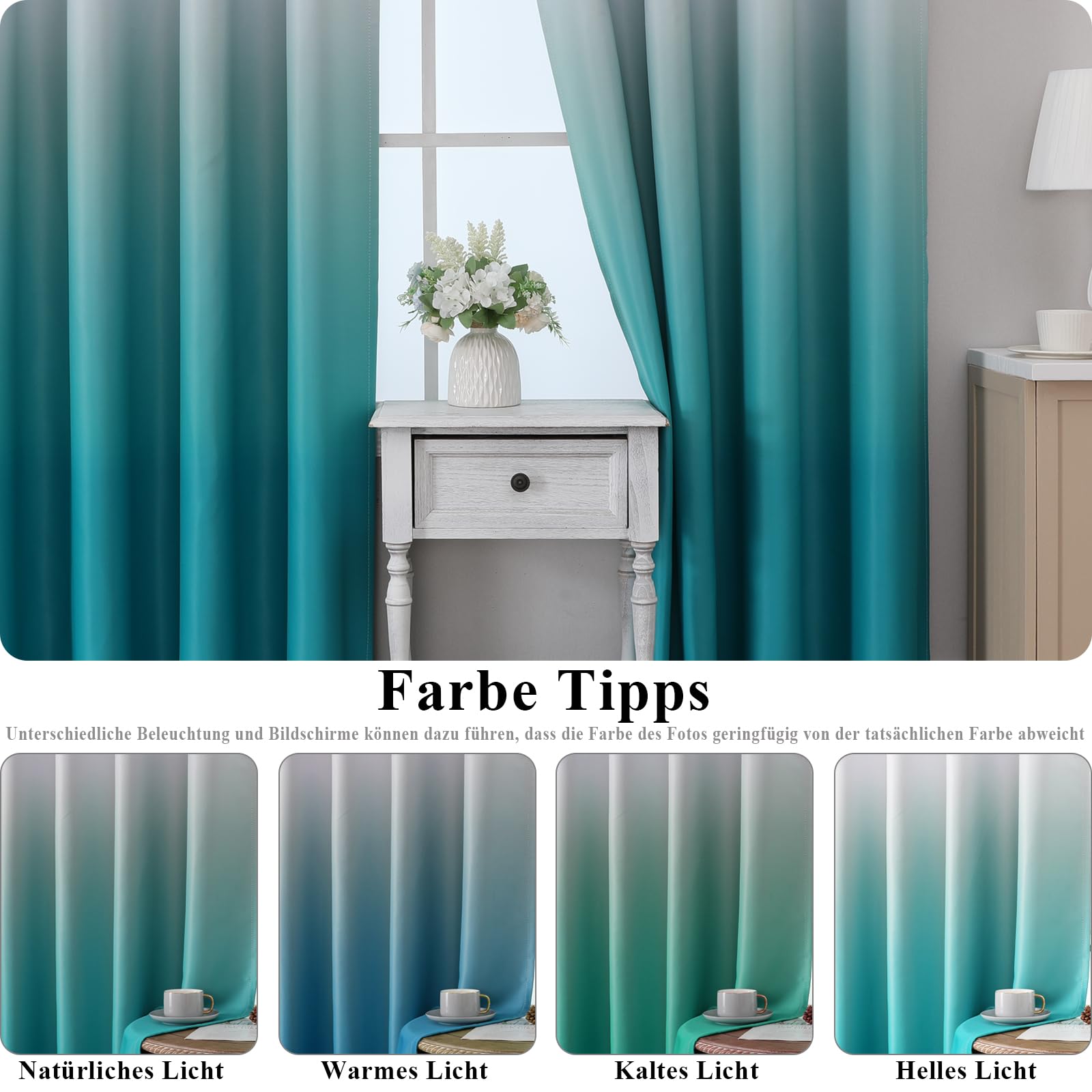 Ombre Teal e bianco arricciato, 183 cm, tenda termica per soggiorno, gradiente, set da 2 tende per camera da letto, altezza 183 x larghezza 132 cm