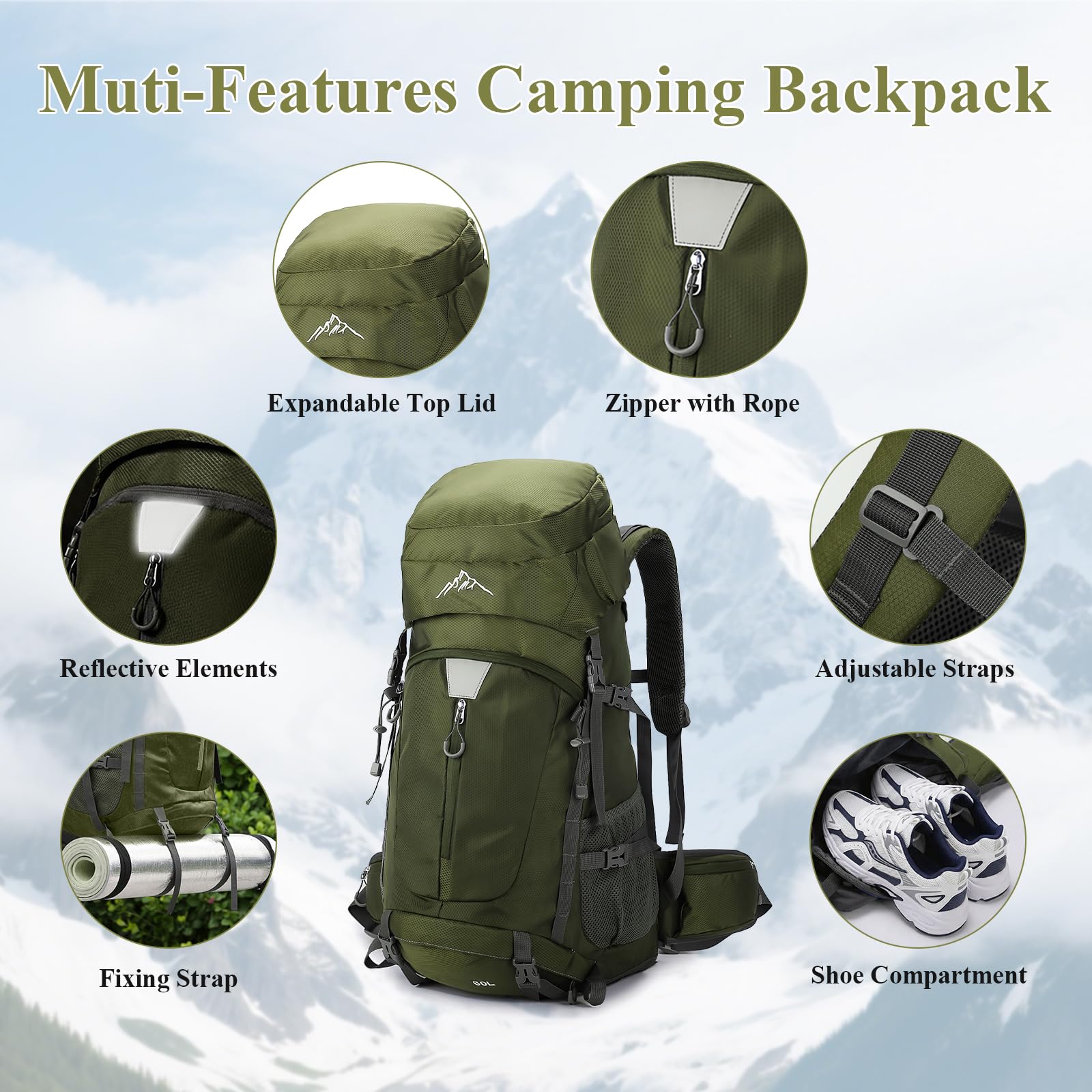 Zaino da escursionismo impermeabile da 60 l, leggero, da campeggio, sportivo, da viaggio, con copertura antipioggia, per alpinismo, escursionismo, viaggi, attività all'aperto, verde, L