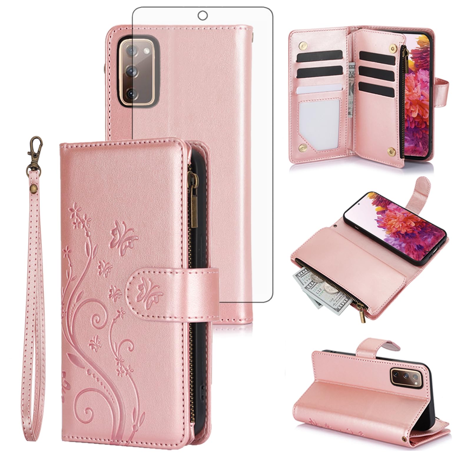 Phone Case for Samsung Galaxy S20 FE 5G 6.5 inch Wallet Cell Cover with Screen Protector Wrist Strap Flower Flip Zipper Card Holder S 20 EF UW 2022 S20FE5G S20FE S2O Fan Edition Women Girls Rose Gold