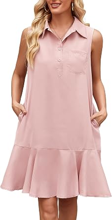 Kikibell Sleeveless Shirt Dresses for Women Summer Shift Mini Dress Casual V Neck Button Down Collared Sundress with Pockets