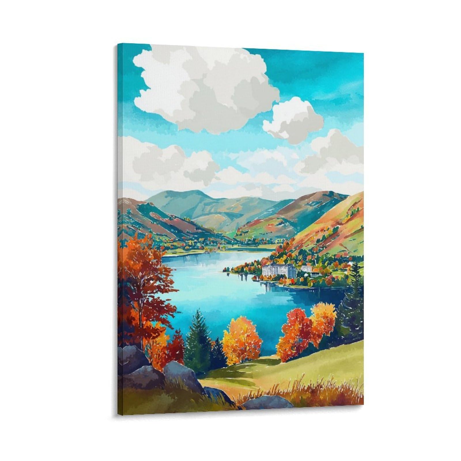 CTZIKWW Grasmere Lake District 12x18inch(30x45cm) Vintage Watercolor Canvas Wall Art