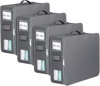 KEEGH Bed Sheet Organizers and Storage, 4 Pack Linen Closet Organizer for Bedding, Sheets Set Folder Organizer with Window& Zipper, Bed Sheet Storage Organizer for Bedsheets, Duvet Cover - Grey