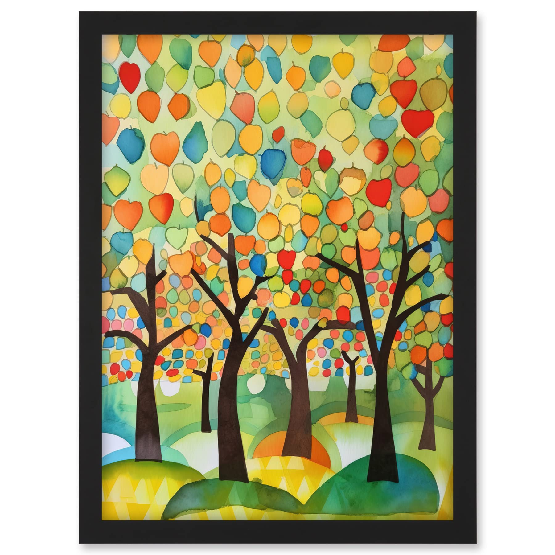 Artery8 Apple Tree Orchard Abstract Folk Art Landscape Watercolour Painting Artwork Framed A3 Wall Art Print