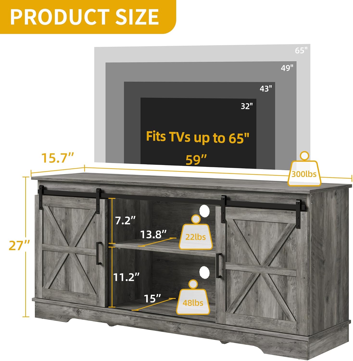 DWVO Farmhouse TV Stand for 55/60/65 Inch TVs, Entertainment Center with Storage Compartments & Sliding Doors, Media Console for Living Room and Gaming Area, Grey