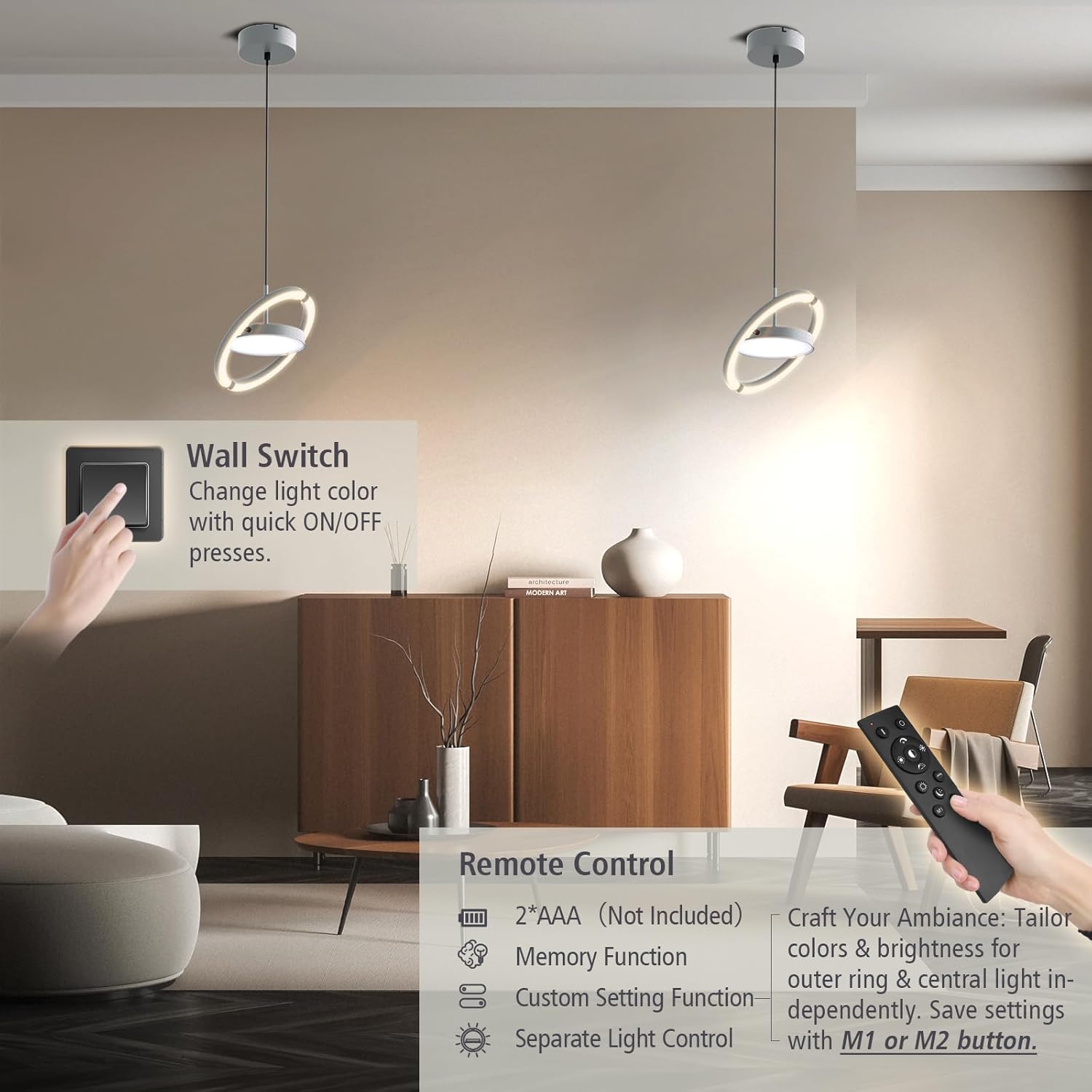FIMEI LED Saturn Pendant Lights, 3000-6000K Dimmable Adjustable Hanging Chandelier Saturn Ring Design for Dining Room Kitchen Island Entryway Bedroom Foyer Black (Gray, 2)