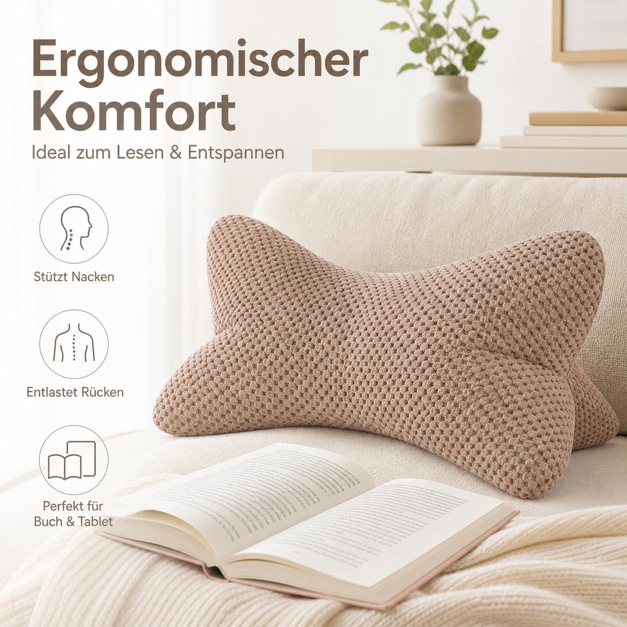 ReWu Leseknochen Rosé, 41,6 x 25 x 16 cm | Ergonomisches Stützkissen