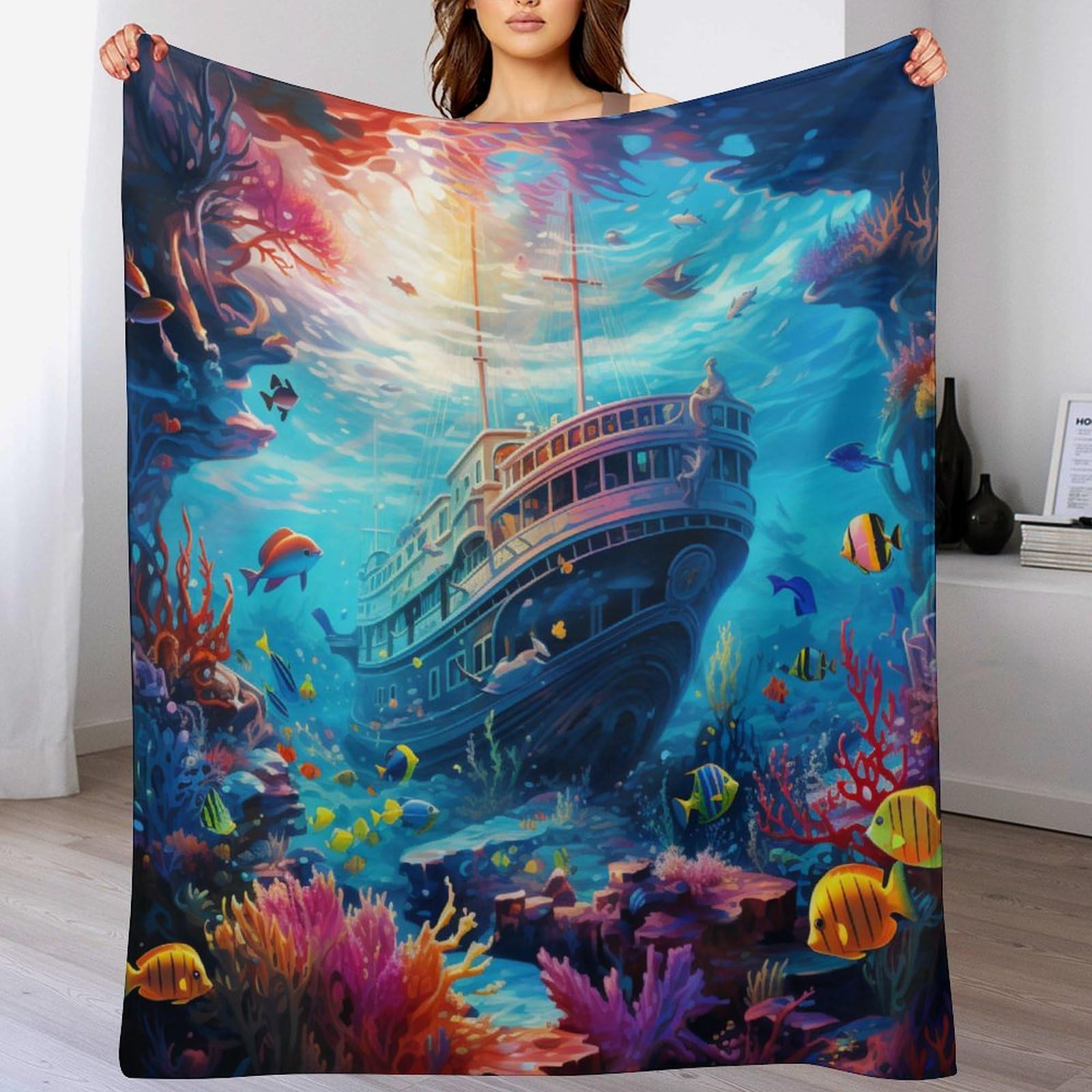 Couverture lit poisson flanelle douce housse canapé décorative