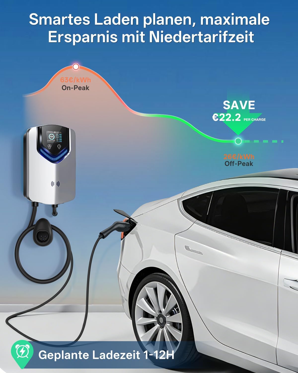 Wallbox 11kW mit APP & RFID – 3-Phasiges Typ 2 EV-Ladegerät 400V, 6–16 A, 8M Kabel mit Kabelhalter – RCD Typ B & IP54,Einstellung Startzeiteffiziente Ladestation für Zuhause für BEV PHEV