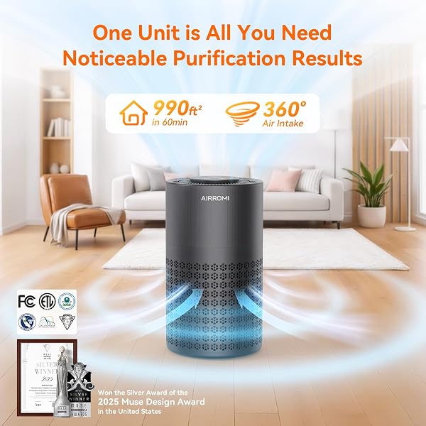 The AIRROMI A2001 boasts a sleek, compact design with a unique brushed metal finish, fitting well into modern decor.
