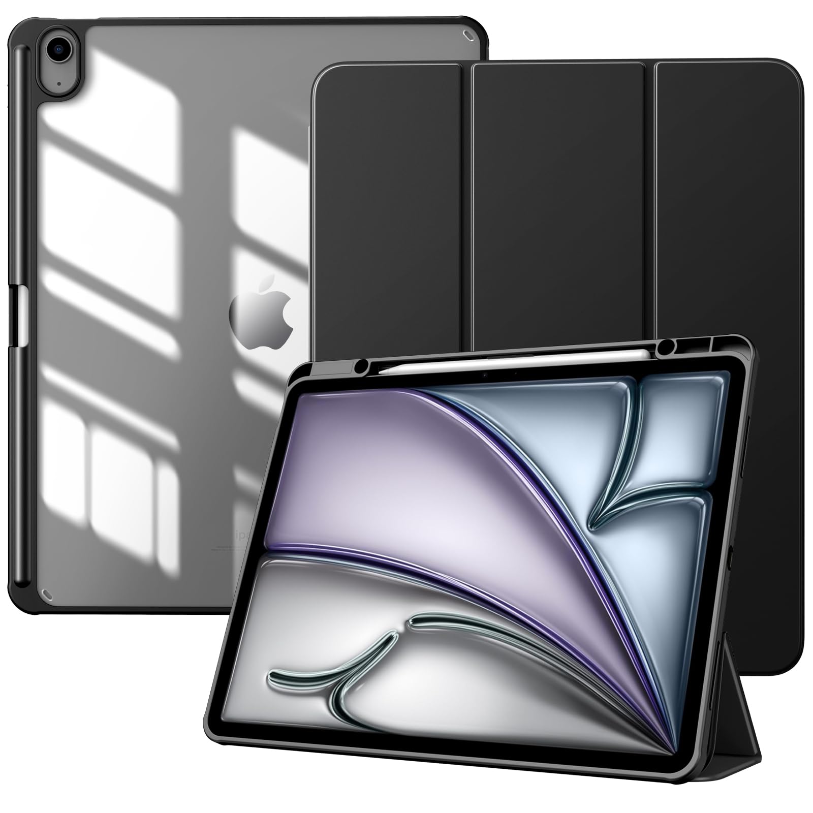 TiMOVO Custodia per Nuovo iPad Air 13 Pollici (M3/M2-2025/2024) con Portapenne, Cover Protettiva per iPad Air 13 con Supporto Pieghevole & Retro Trasparente, Auto Sveglia/Sonno, Nero