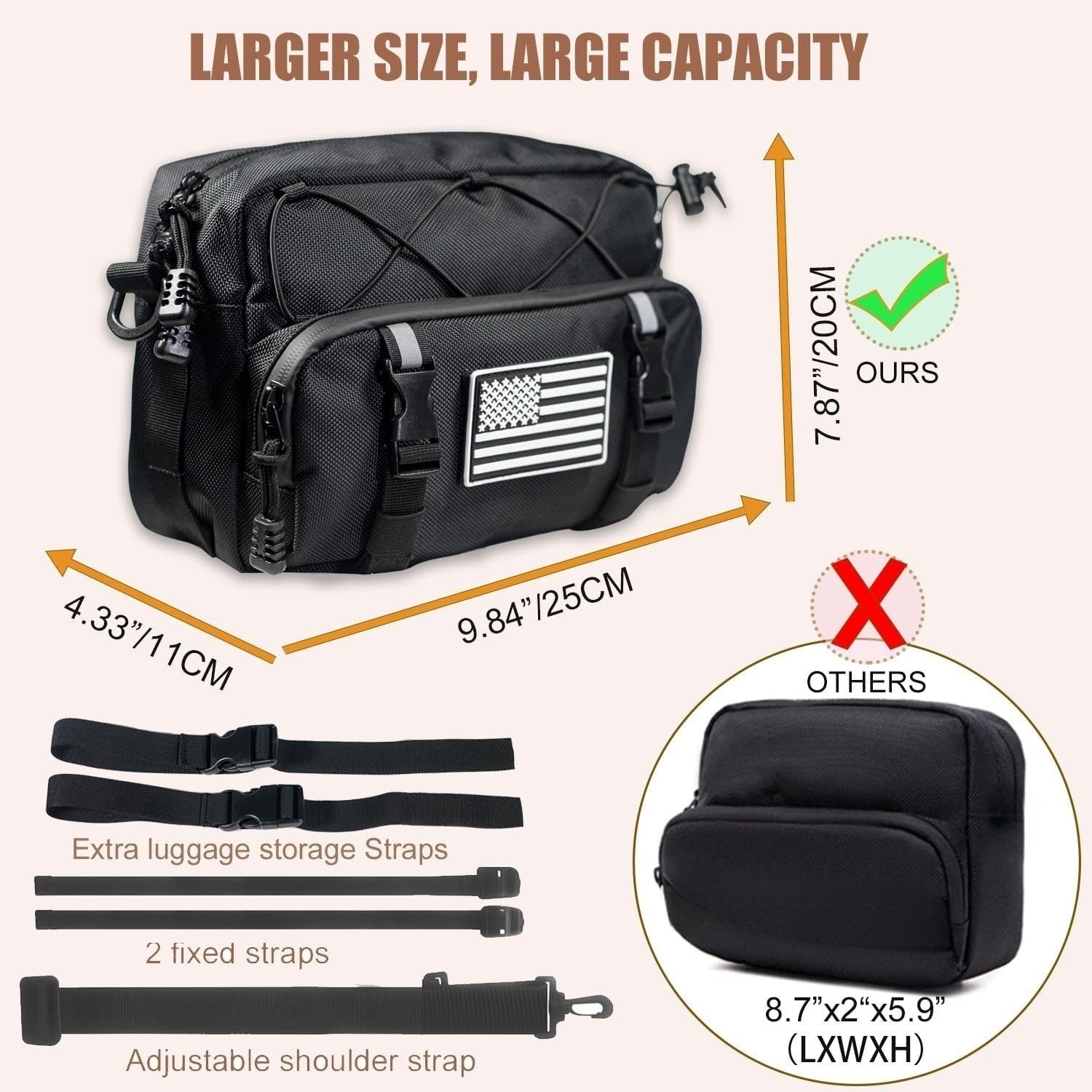 Universal Black Motorcycle Handlebar Bag - Water-resistant American Flag 1680D Tool Bag for Motorbike, Cruiser, Softail, Dyna, Sportsters, Dirt Bike, ATV