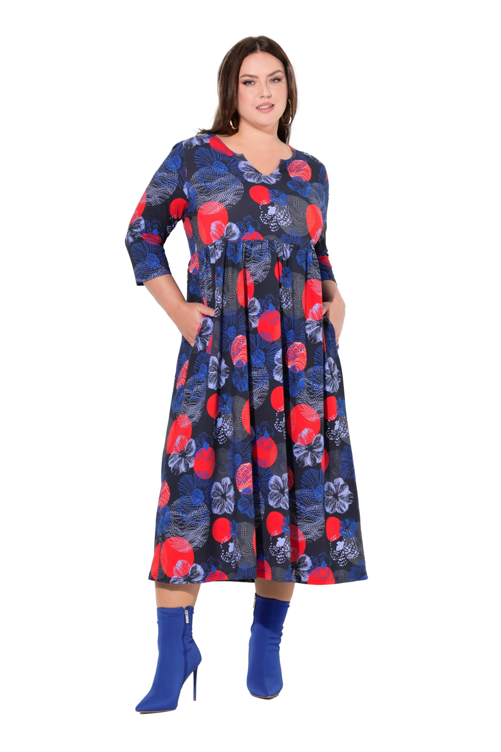 Ulla Popken Damen große Größen Übergrößen Plus Size Jerseykleid, A-Linie, Tunika-Ausschnit, 3/4-Arm, Taschen 837023
