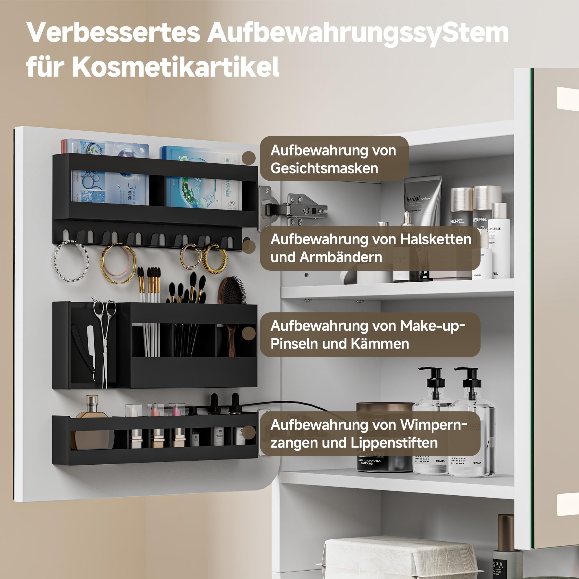 Gyfimoie Spiegelschrank Bad mit Beleuchtung LED, Badezimmer Spiegelschrank mit Steckdose, Badezimmerschrank Verstellbare Regale, Hängeschrank, Einlass für die Tissuebox, 80x60x16cm,