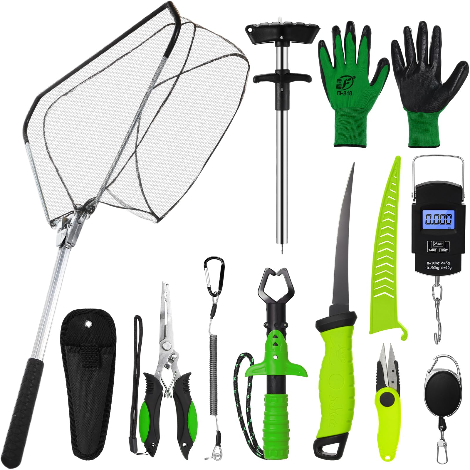 RoundFunny 10 Pcs Fishing Tool Kit, Fishing Pliers with Lanyard and Protective Sheaths, Landing Net, Fillet Knife, Fish Scale, Gripper, Hook Remover, Braid Scissors, Gloves for Men Dad Gift