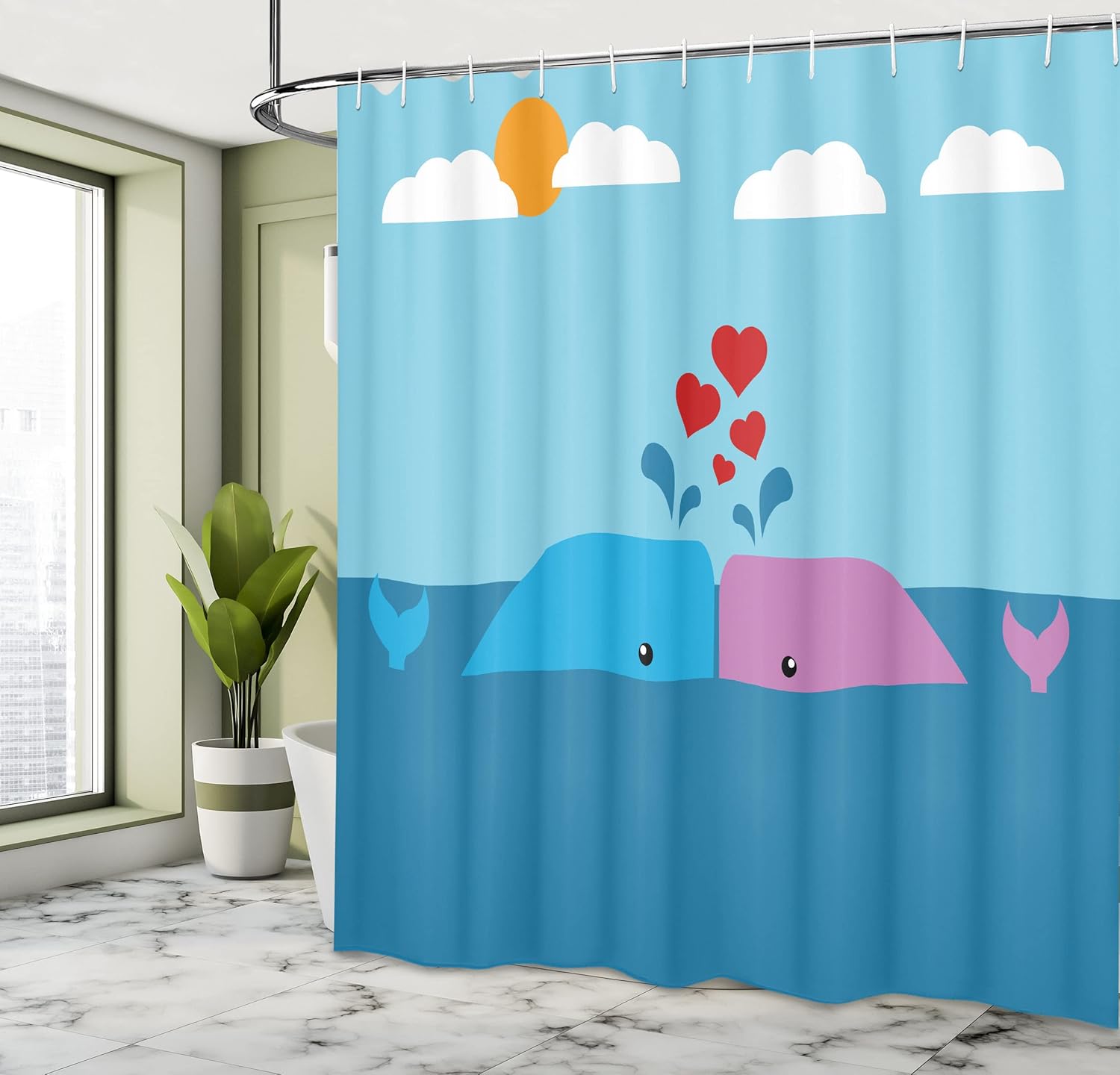 Ambesonne Whale Shower Curtain, Art of Romantic Lover Mammals in Ocean Sun and Clouds Animal Fun Love Print, Cloth Fabric Bathroom Decor Set with Hooks, 69" W x 70" L, Blue and Pink