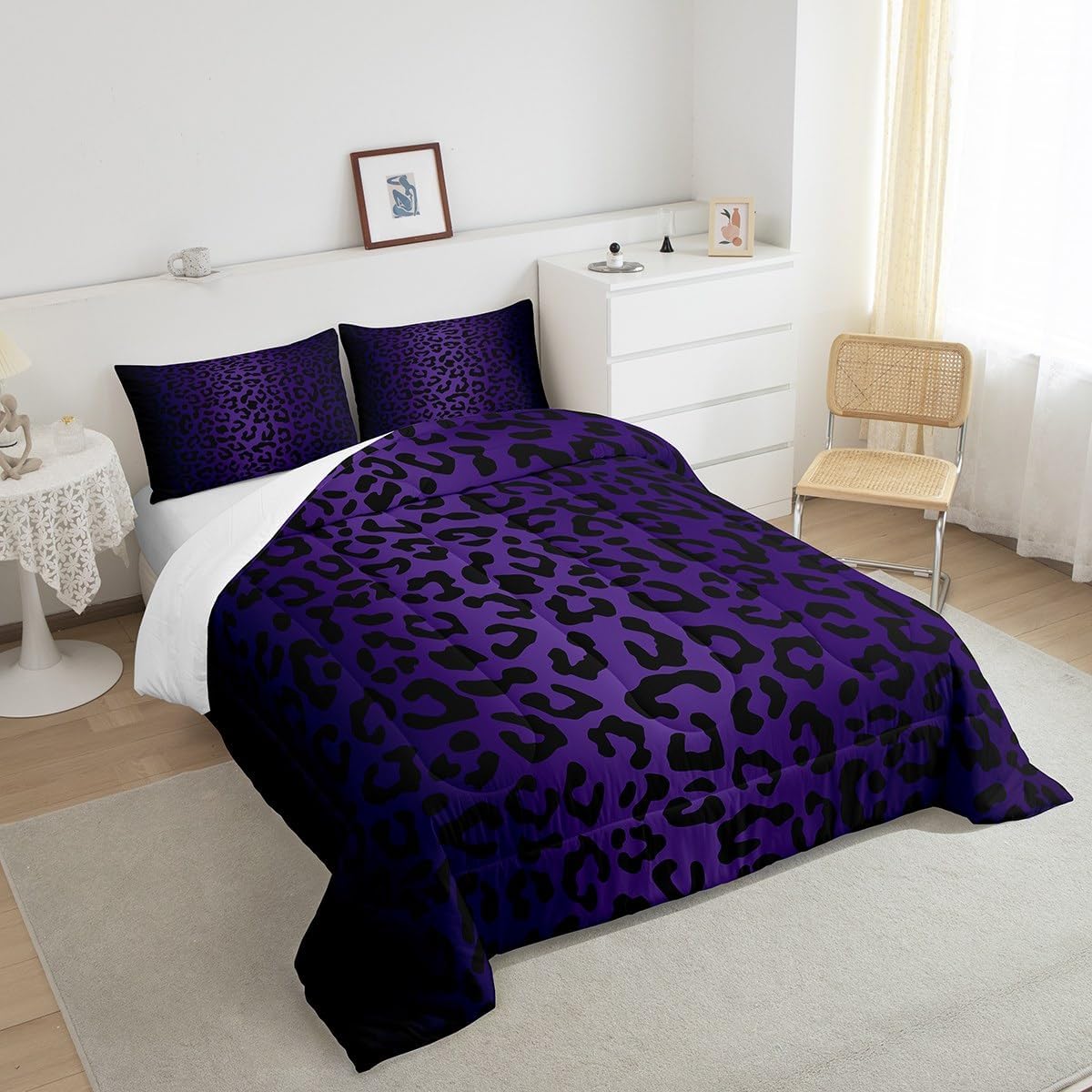 Feelyou Leopard Print Reversible Comforter Set for Kids Boys Girls Cheetah Comforter King Size Animal Print Bedding Set Bedroom Decor Safari Purple Duvet Set Quilt Set 3Pcs