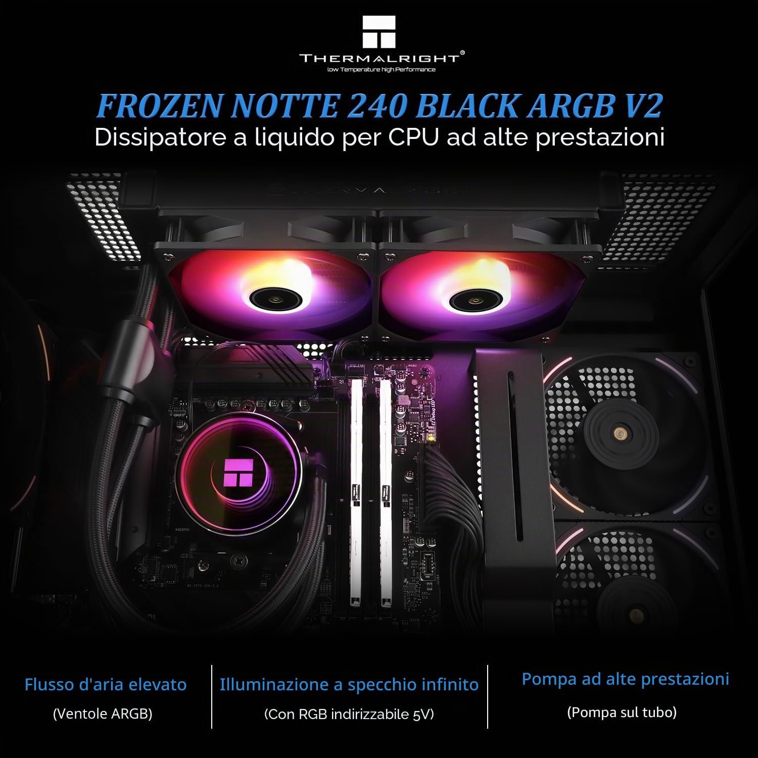Thermalright Frozen Notte 240 Black ARGB,Raffreddamento CPU Cooler, 360 nero CPU Cooler Specificazioni, doppia ventola PWM, adatto per AMD/AM4 AM5, Intel LGA 1700/1150/1151/1200/2011